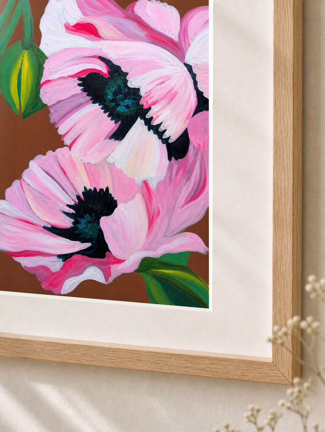 Floppy Poppies by Amber Miro, original pink poppy painting on earthy brown, close-up of the petals and frame edge