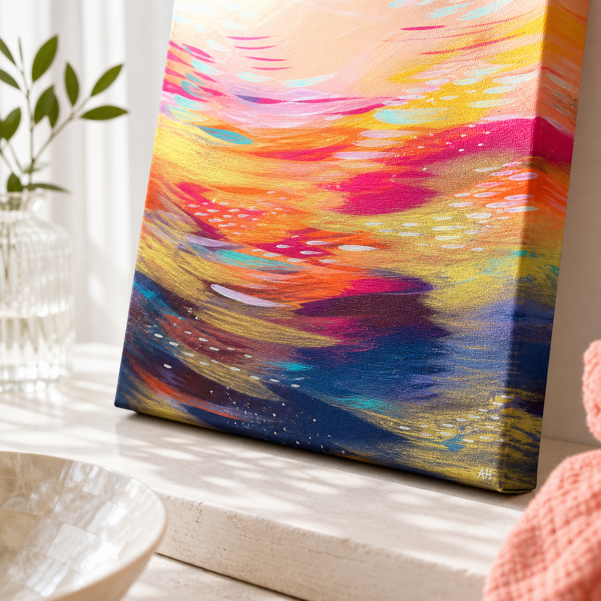 Modern by Amber Miro, original abstract painting in pink, orange, and navy, angled close-up of the unframed canvas