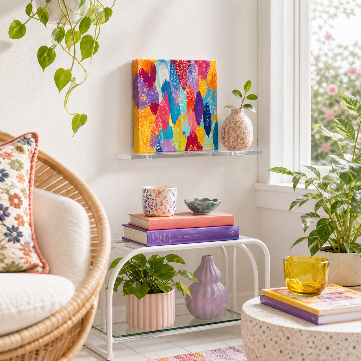 Pink Study by Amber Miro, original small abstract in hot pink, teal, and yellow, on a floating shelf in a sunny corner