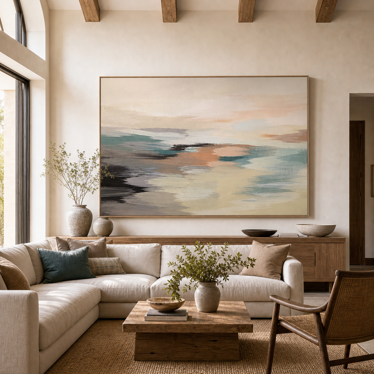 Tidal Abstract by Amber Miro, original abstract in black, peach, slate, and cream, hanging above a sofa in a living room