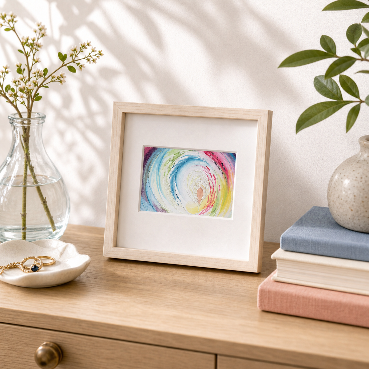 Wave by Amber Miro, original small abstract of a blue, teal, and pink curl, framed on a wooden dresser with books