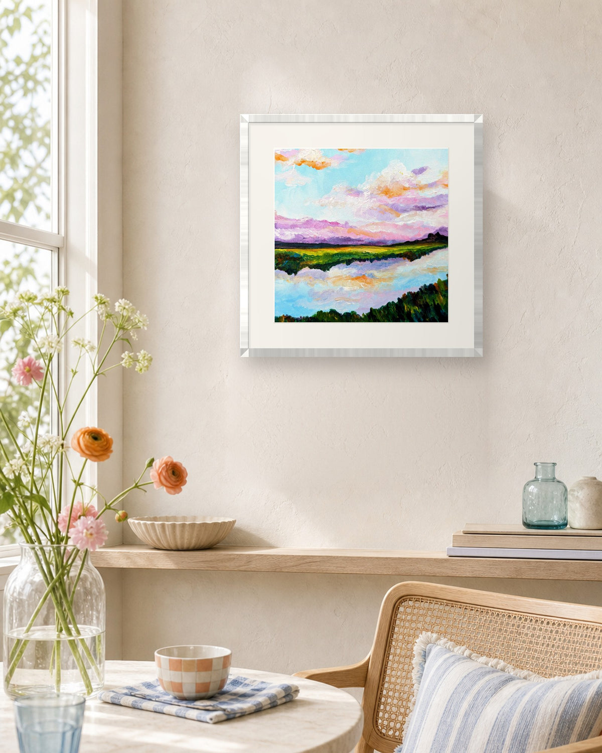 Assabet River by Amber Miro, fine art print shown in a white frame with a white mat (frame not included)