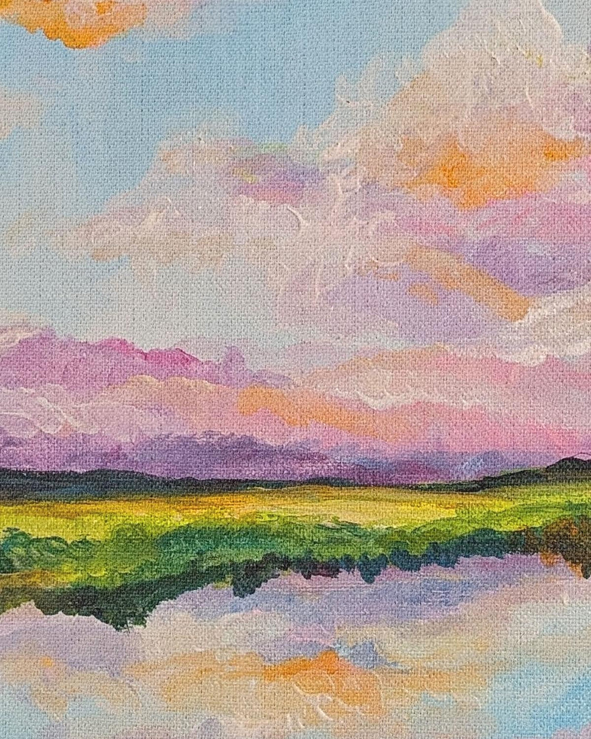 Assabet River by Amber Miro, close-up of golden hour clouds and reflections in the original painting