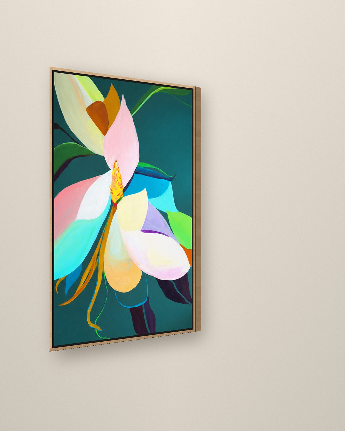 Dark Magnolia by Amber Miro, original magnolia painting on deep teal, angled view of the floater frame