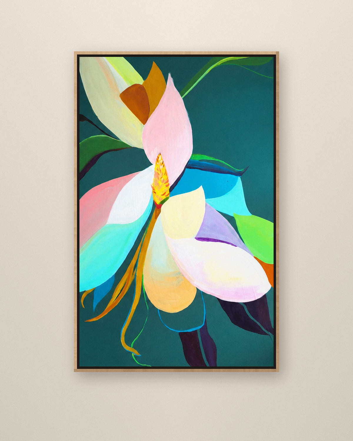 Dark Magnolia by Amber Miro, original magnolia painting on deep teal, front view in a natural wood floater frame