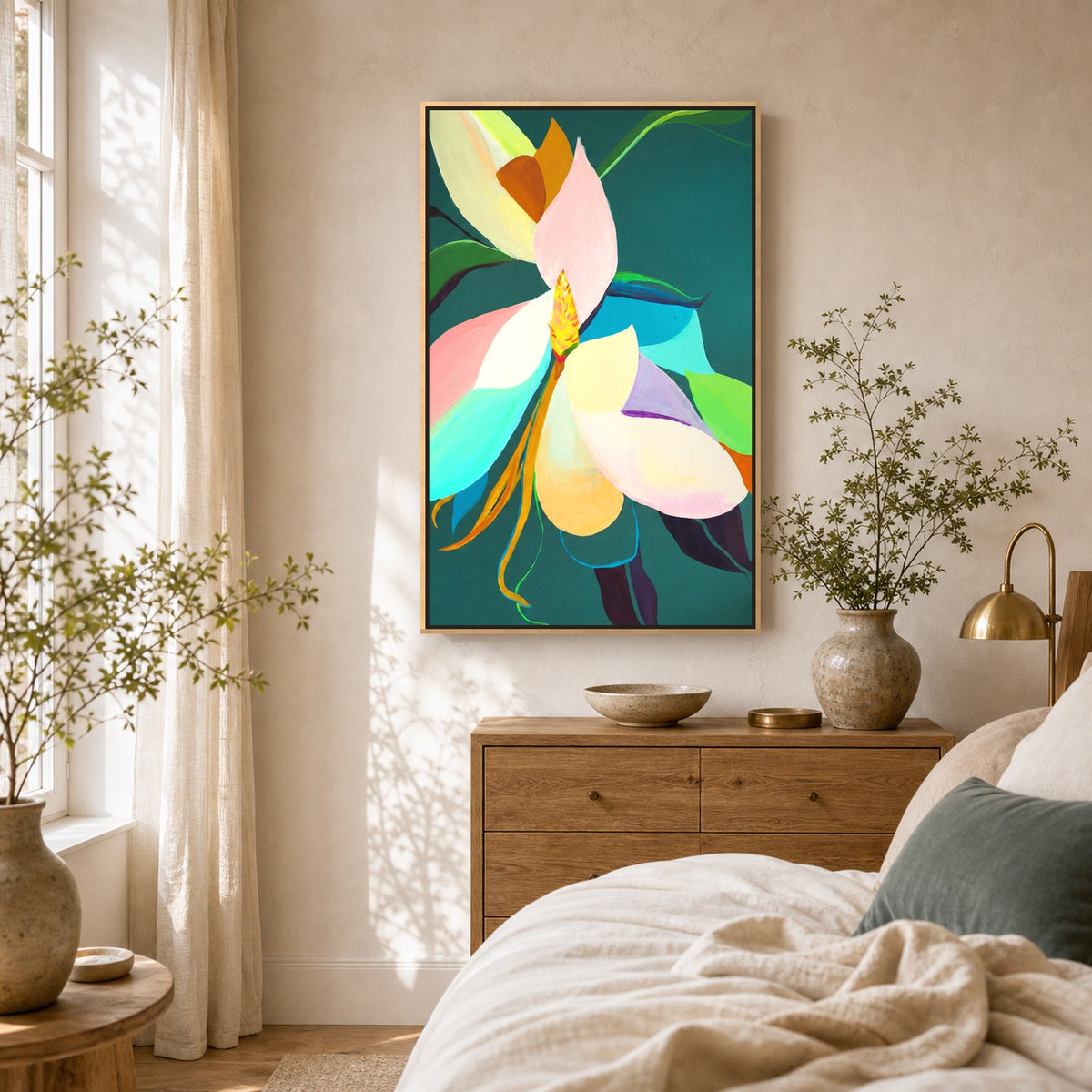 Dark Magnolia by Amber Miro, original magnolia painting on deep teal, in a natural wood floater frame above a bedroom dresser