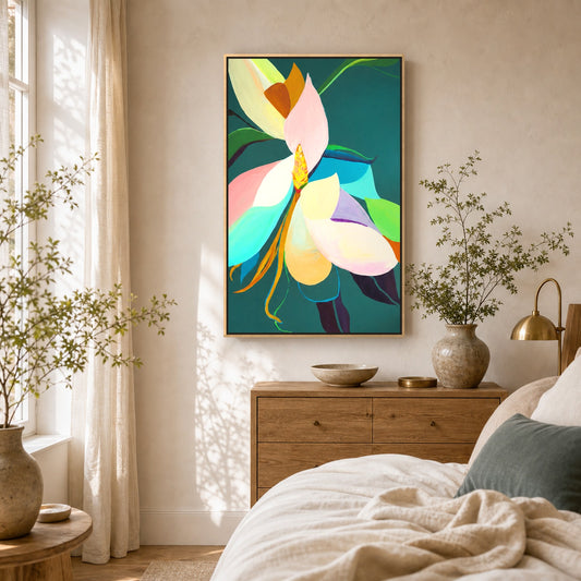 Dark Magnolia by Amber Miro, original magnolia painting on deep teal, in a natural wood floater frame above a bedroom dresser