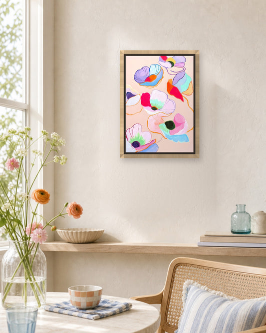 Floating Poppies by Amber Miro, framed canvas print in a natural wood floater frame