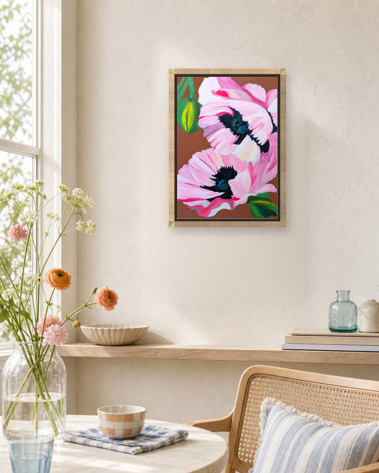 Floppy Poppies by Amber Miro, framed canvas print in a natural wood floater frame