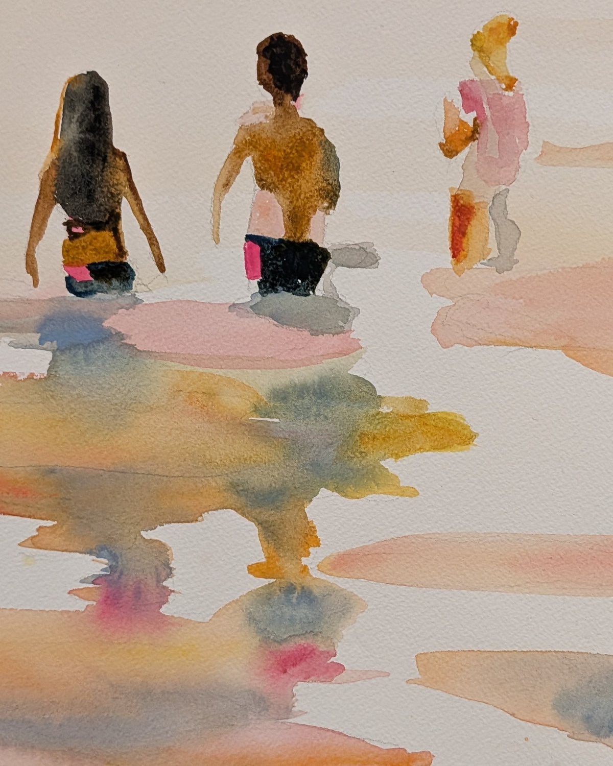 Last Swims of Summer by Amber Miro, close-up of the swimmers and watercolor reflections