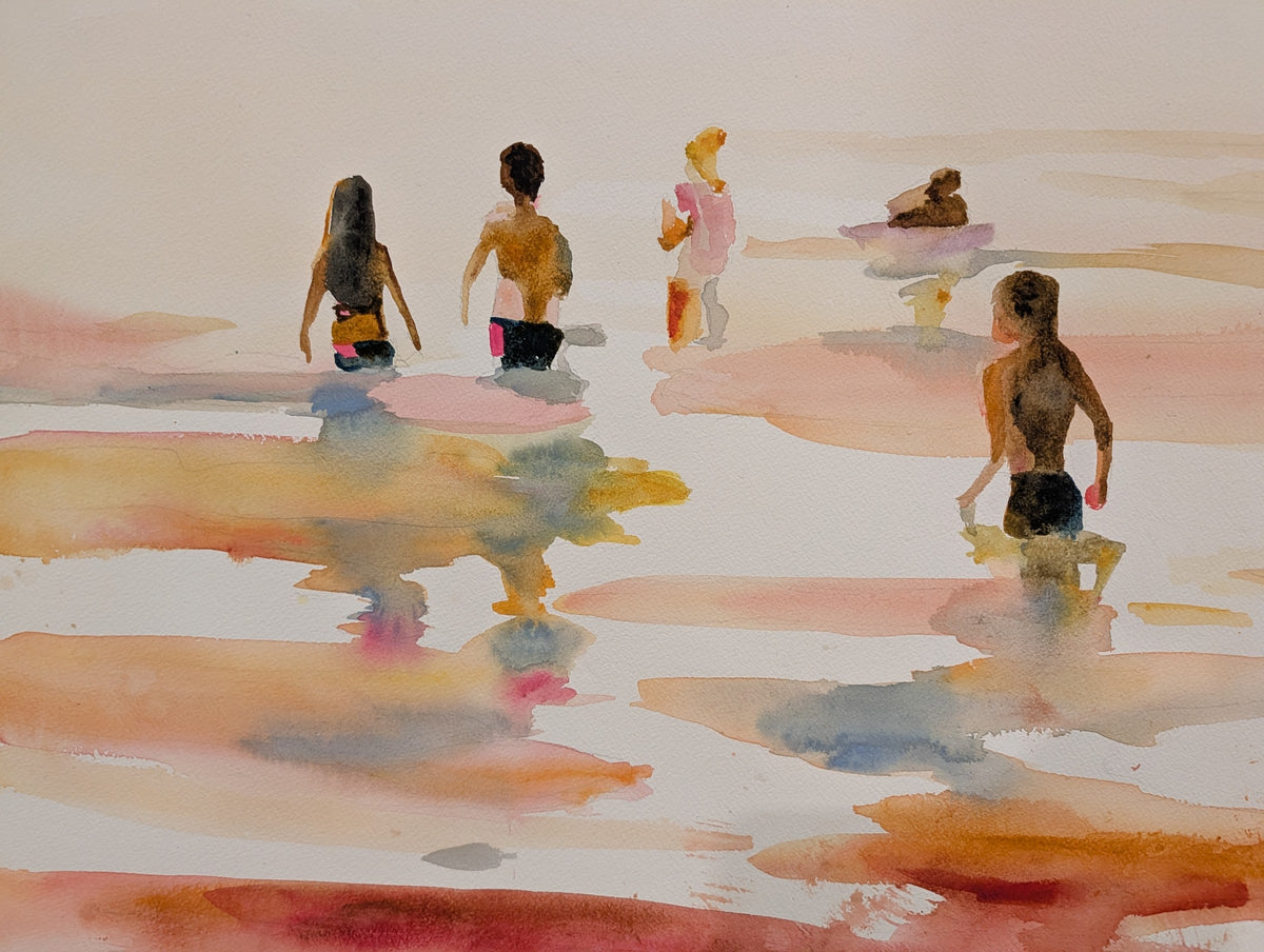 Last Swims of Summer by Amber Miro, original watercolor of swimmers wading into glowing peach and coral water