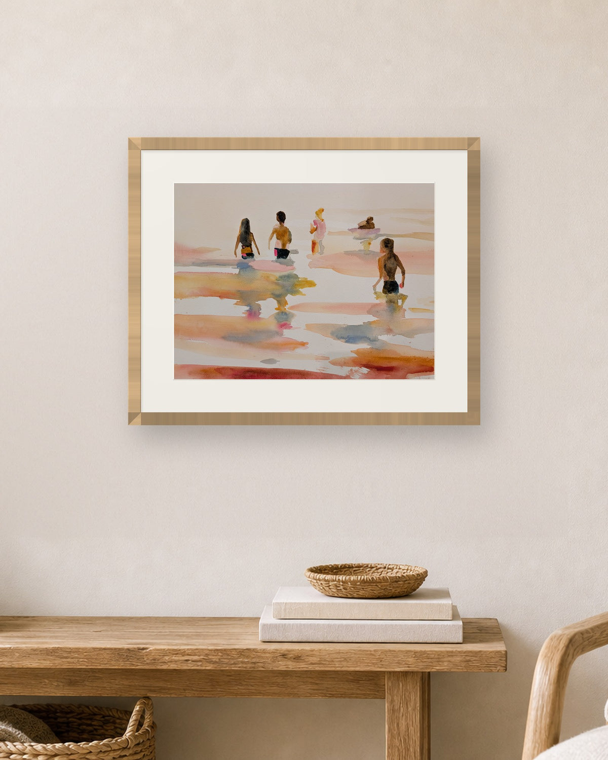 Last Swims of Summer by Amber Miro, original watercolor matted in a natural oak frame above a wooden console