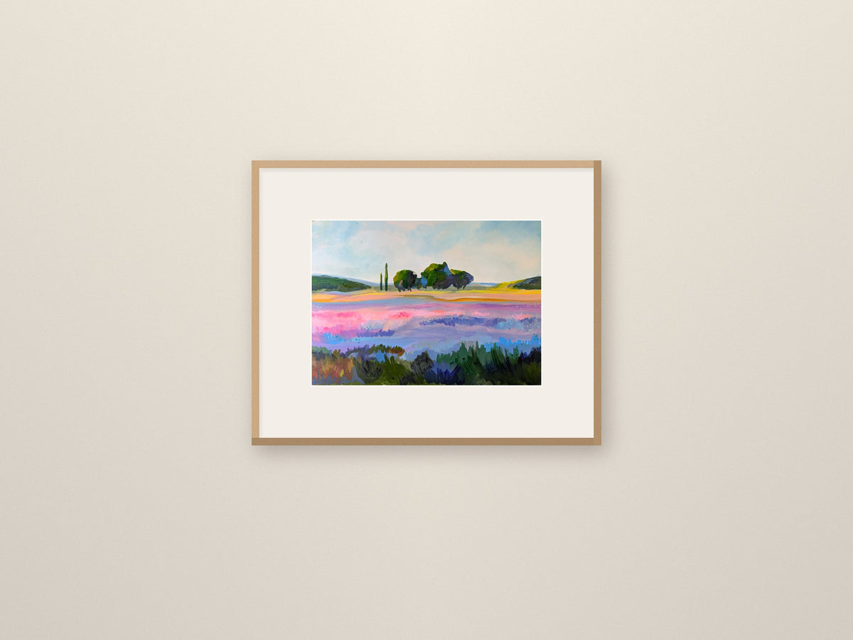 Lavender Field, Horizontal by Amber Miro, original wide lavender field painting, front view in a white mat and oak frame