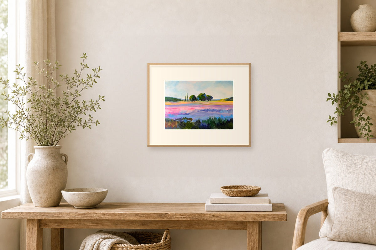 Lavender Field, Horizontal by Amber Miro, original wide lavender field painting, matted and framed above a wooden console