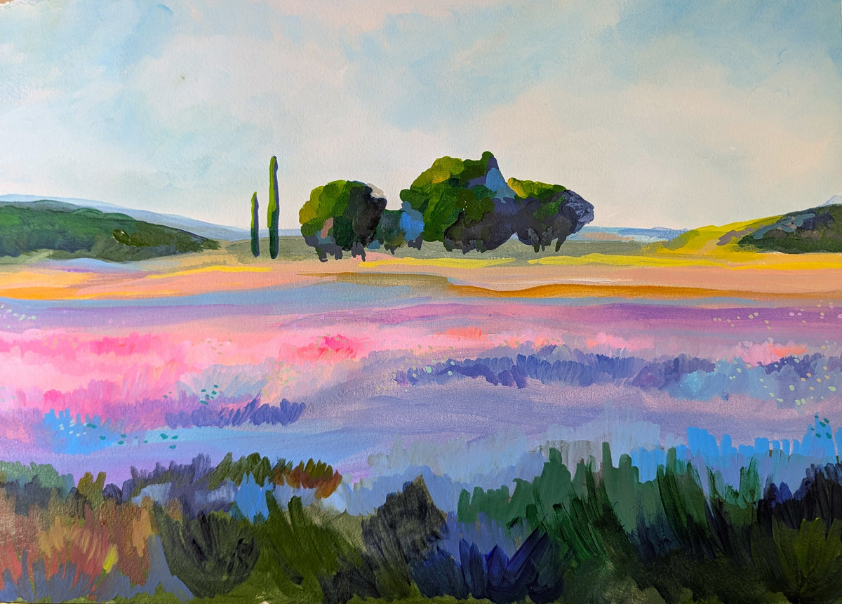 Lavender Field, Horizontal by Amber Miro, original wide lavender field painting, full view, straight on