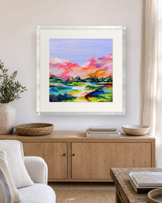 Northeast Sunset by Amber Miro, fine art print shown in a white frame with a white mat (frame not included)