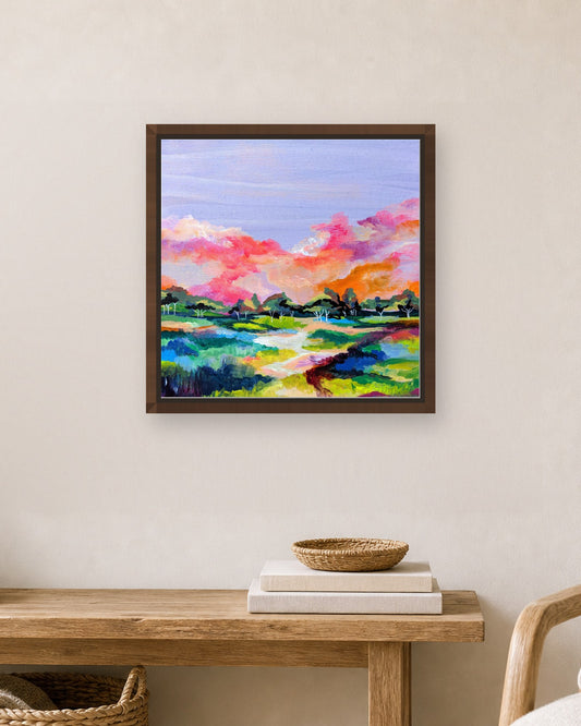 Northeast Sunset by Amber Miro, framed canvas print in a dark brown floater frame