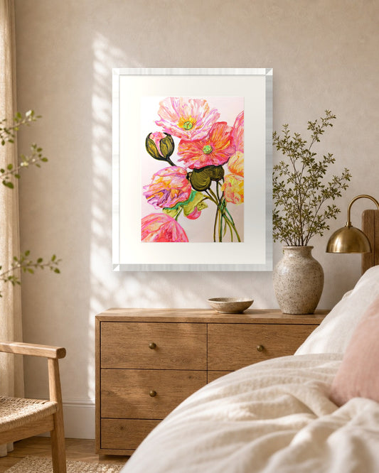 Poppies in Bloom by Amber Miro, fine art print shown in a white frame with a white mat (frame not included)