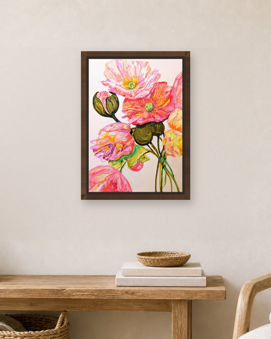 Poppies in Bloom by Amber Miro, framed canvas print in a dark brown floater frame