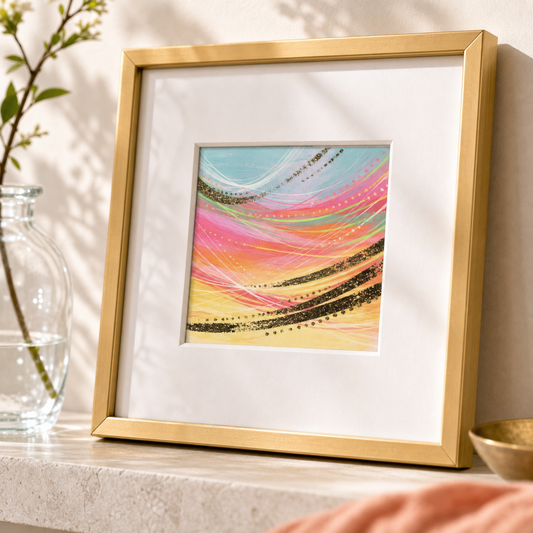 Abstract Stripe by Amber Miro, original watercolor in pink, peach, and mint, in a gold frame with white mat on a stone shelf