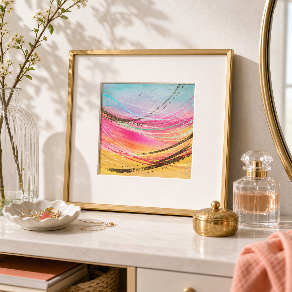 Abstract Stripe by Amber Miro, original watercolor in pink, peach, and mint, in a gold frame on a vanity beside a mirror