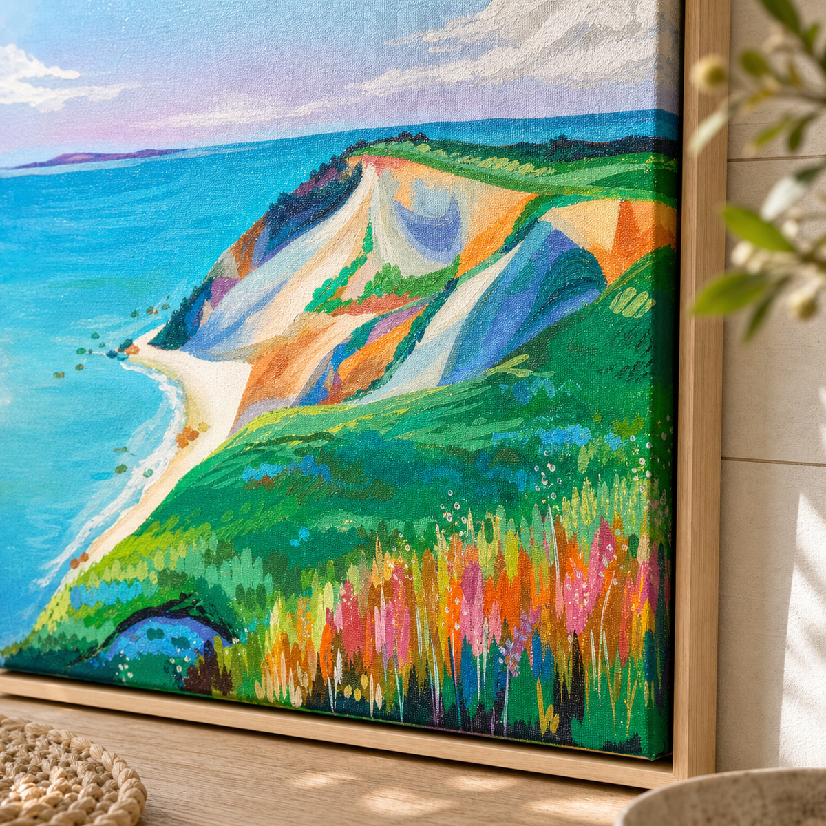 Aquinnah by Amber Miro, original painting of clay cliffs above ocean blue, angled close-up of the brushwork and frame