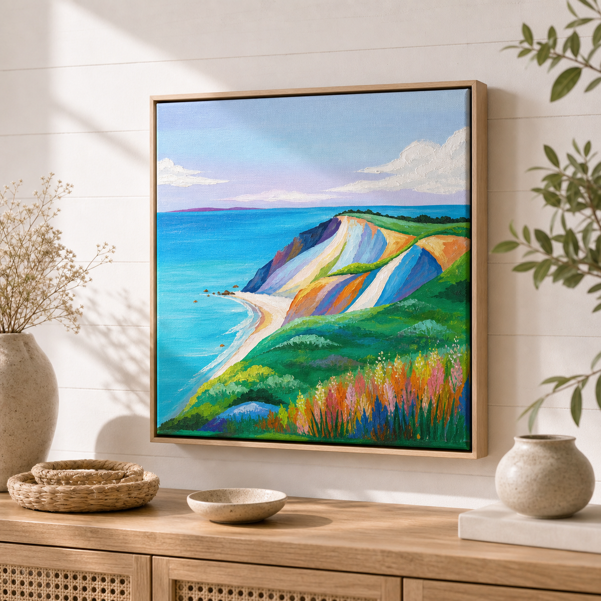 Aquinnah by Amber Miro, original painting of clay cliffs above ocean blue, hanging above a console with a vase