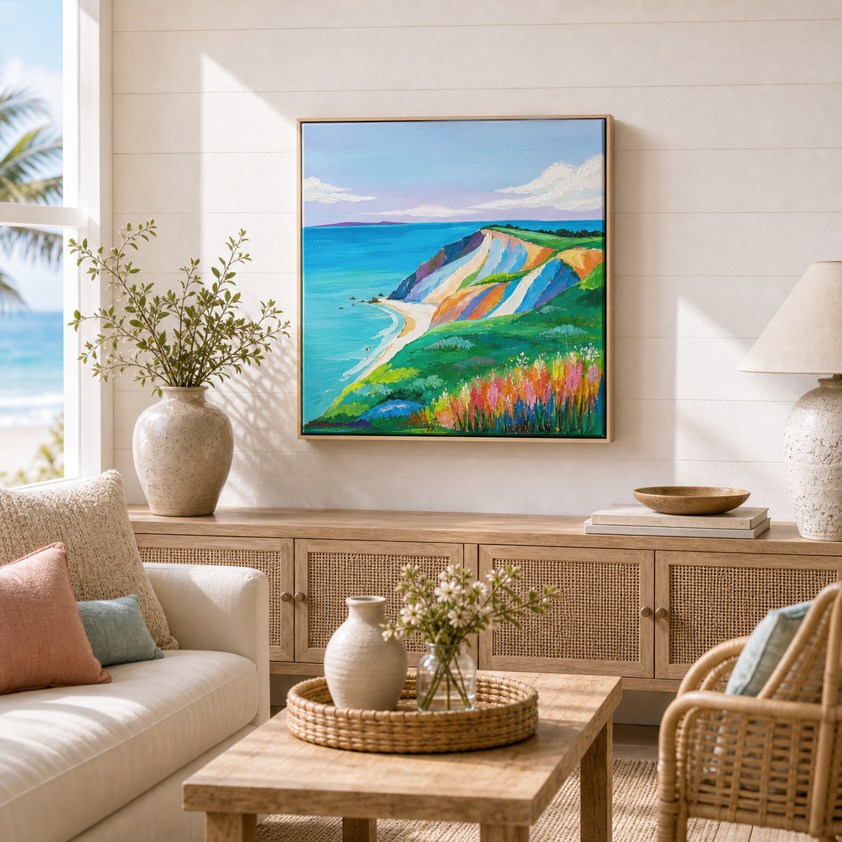 Aquinnah by Amber Miro, original painting of clay cliffs above ocean blue, in a living room above a rattan sideboard