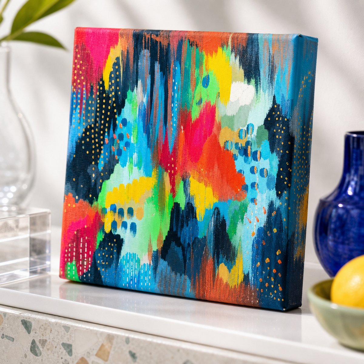 Blue Study by Amber Miro, original abstract in vivid blue, magenta, and green, angled view of the unframed canvas