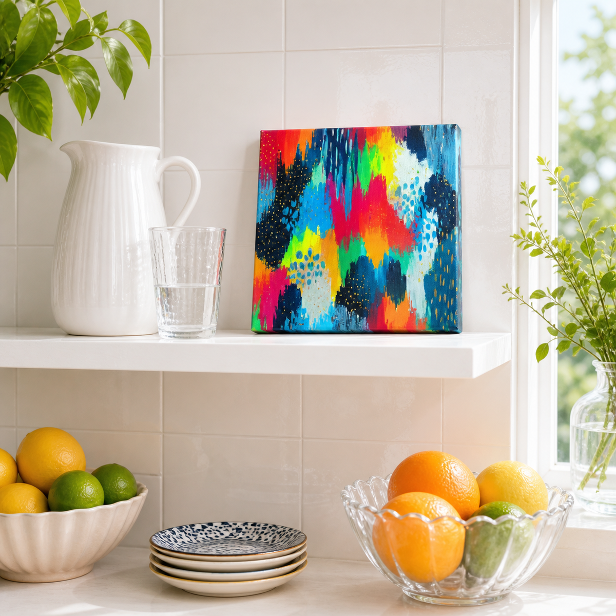 Blue Study by Amber Miro, original abstract in vivid blue, magenta, and green, on a white kitchen shelf above fruit bowls