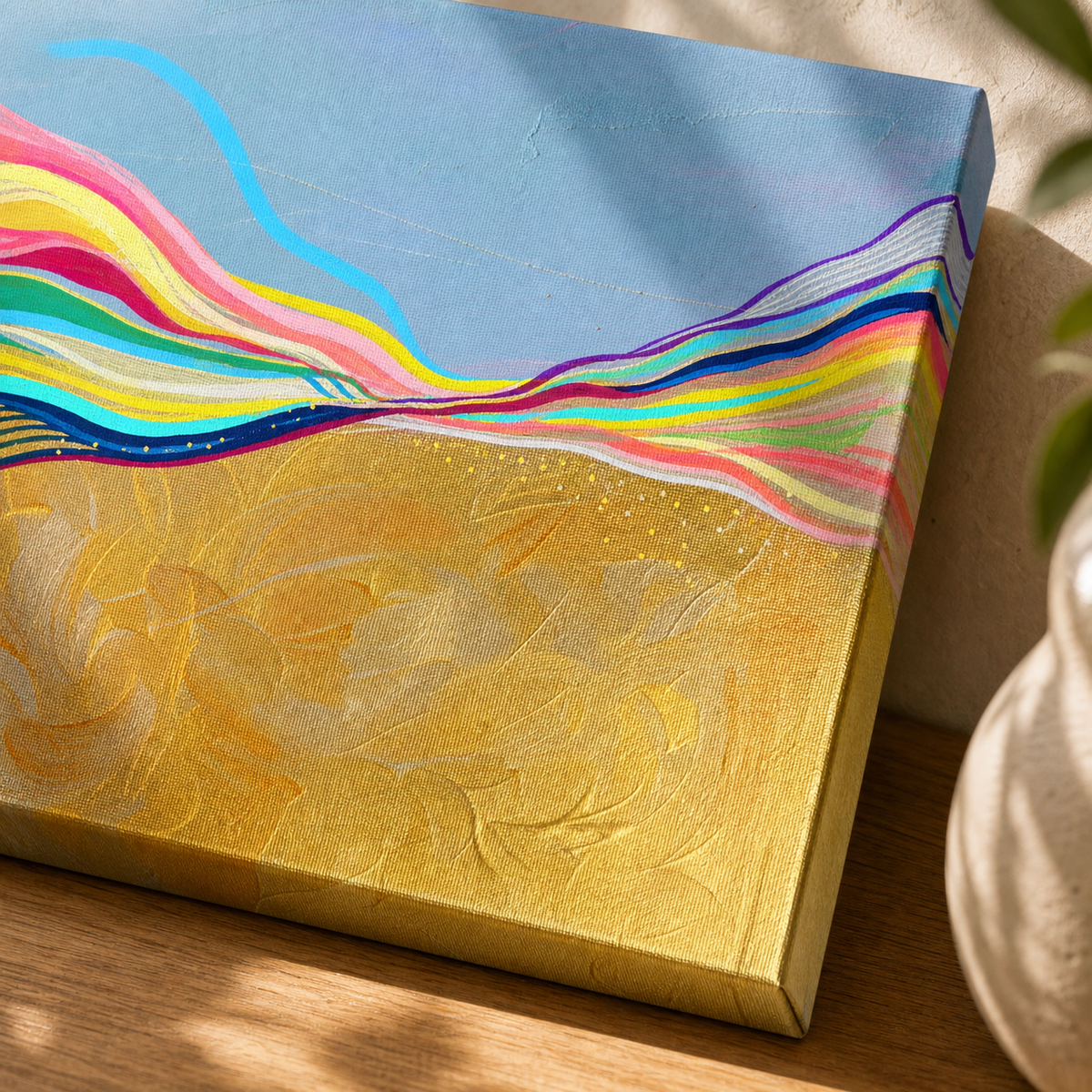 Electric Wave by Amber Miro, original abstract of blue and coral on gold, angled close-up of the unframed canvas