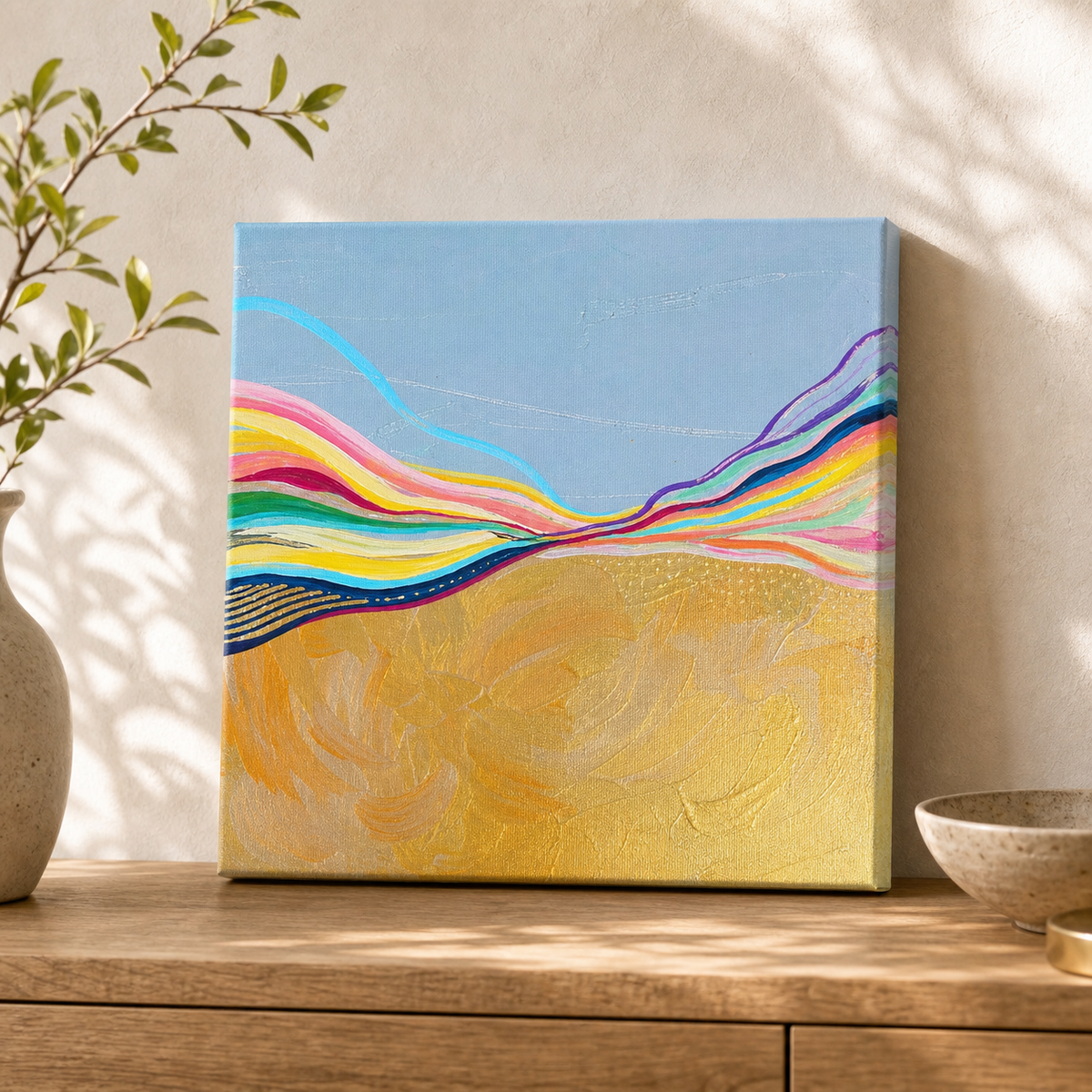 Electric Wave by Amber Miro, original abstract of blue and coral on gold, unframed canvas leaning on a wooden console
