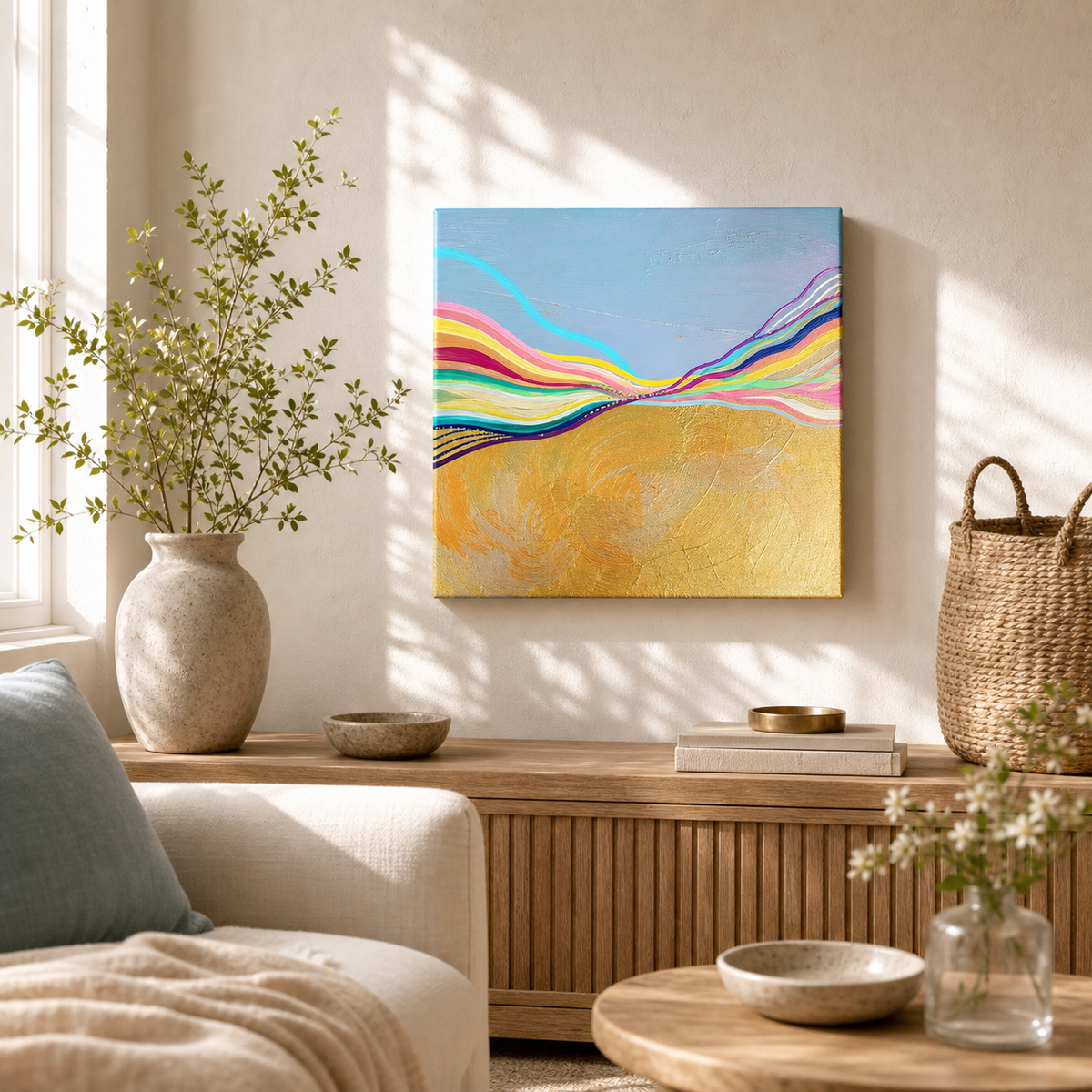 Electric Wave by Amber Miro, original abstract of blue and coral on gold, hanging above a wooden sideboard in a living room
