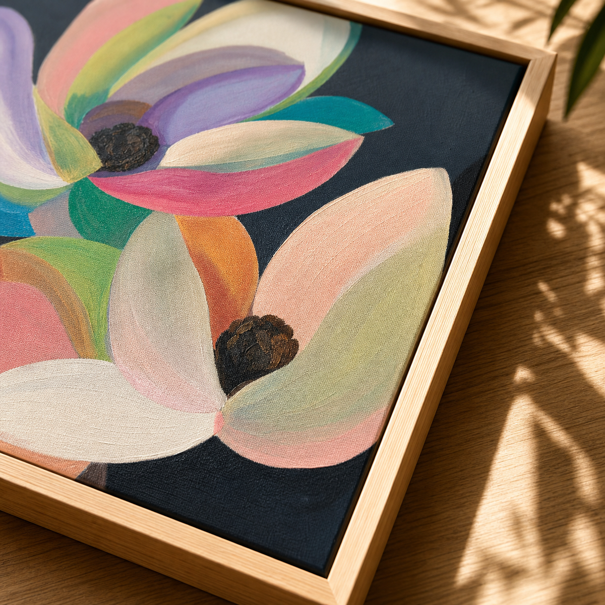 Dark Floral by Amber Miro, original moody floral in green, brown, and pink, close-up of the petals and wood frame edge