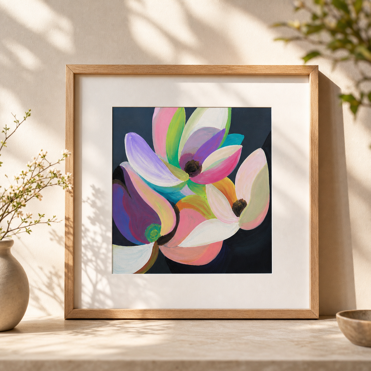Dark Floral by Amber Miro, original moody floral in green, brown, and pink, front view, matted in an oak frame