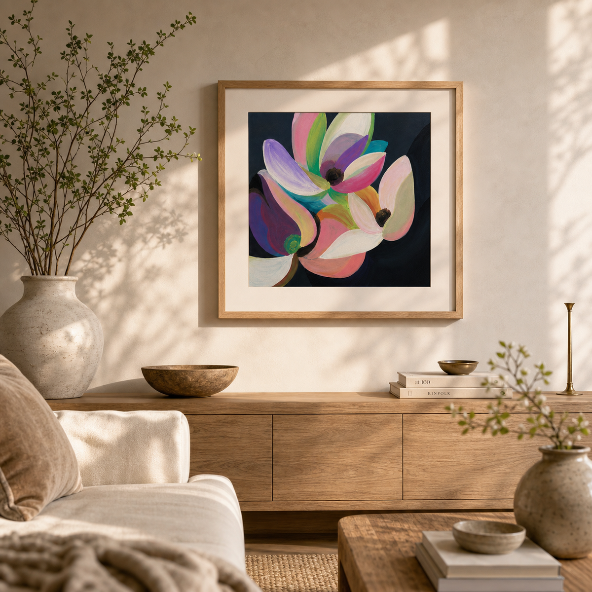 Dark Floral by Amber Miro, original moody floral in green, brown, and pink, hanging above a sideboard in a living room
