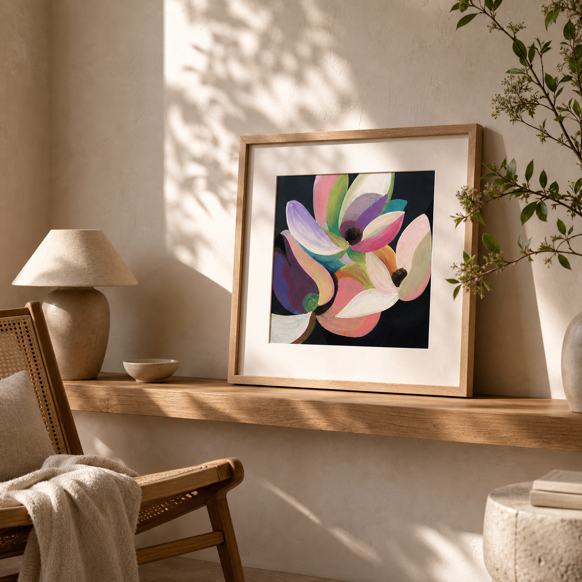 Dark Floral by Amber Miro, original moody floral in green, brown, and pink, leaning on a wall shelf beside a lamp