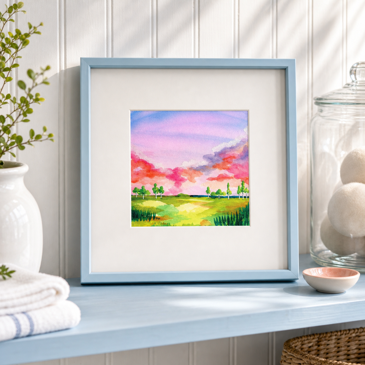 Field by Amber Miro, original watercolor of an open field under a soft sky, in a pale blue frame on a blue shelf