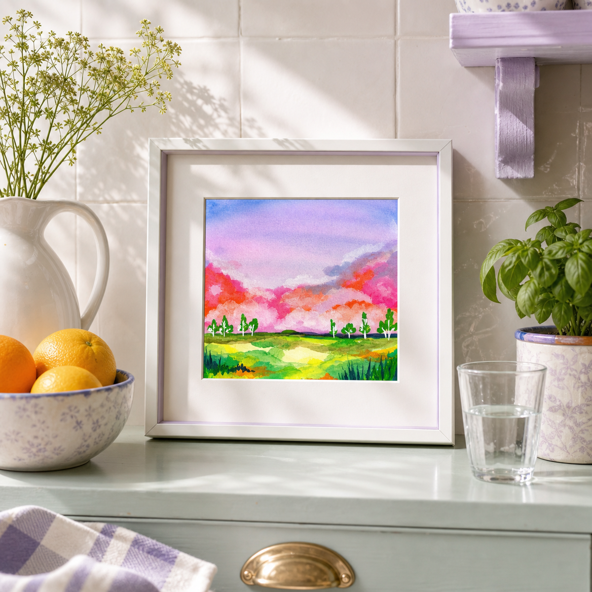 Field by Amber Miro, original watercolor of an open field under a soft sky, in a white frame on a kitchen counter