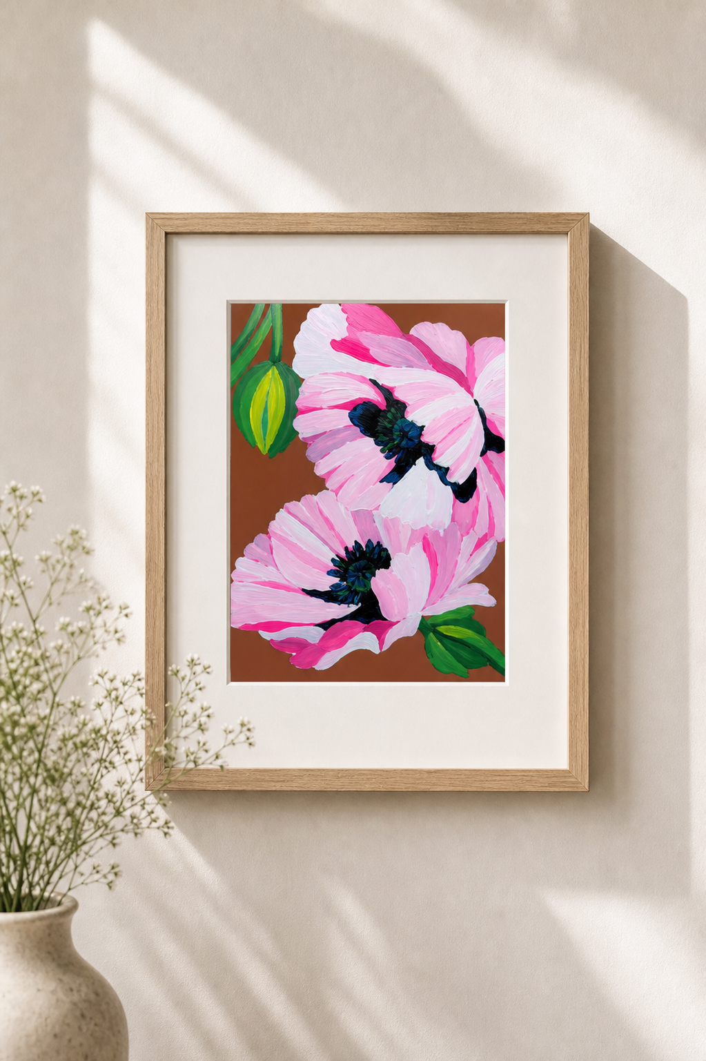Floppy Poppies by Amber Miro, original pink poppy painting on earthy brown, matted in oak beside a vase of dried flowers