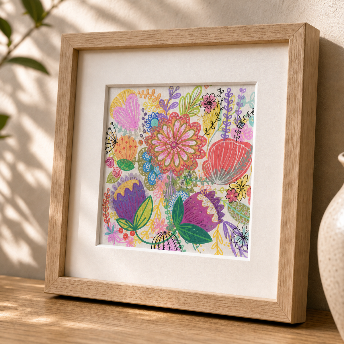 Flower Bouquet by Amber Miro, original painting of a colorful flower bouquet, angled view, matted in an oak frame
