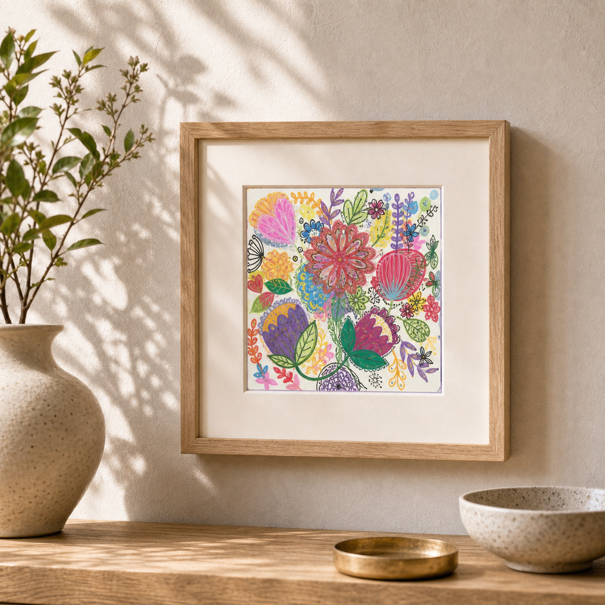 Flower Bouquet by Amber Miro, original painting of a colorful flower bouquet, leaning in oak on a console with vases
