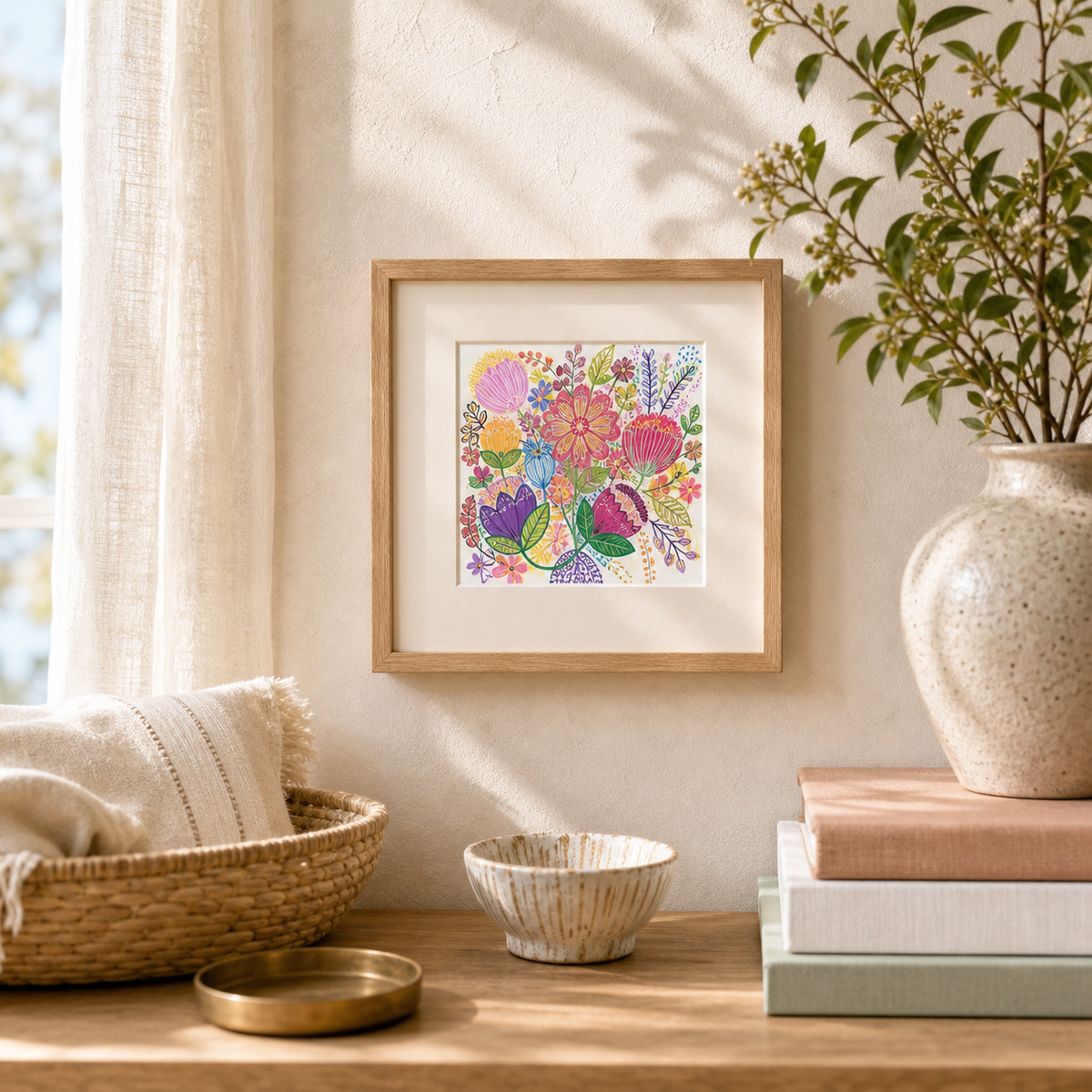 Flower Bouquet by Amber Miro, original painting of a colorful flower bouquet, framed on a wooden shelf with books