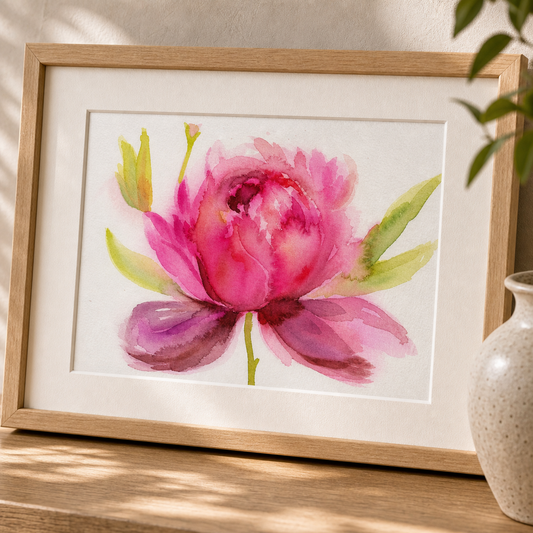 Pink Peony by Amber Miro, original watercolor of a pink peony in full bloom, angled close-up, matted in an oak frame