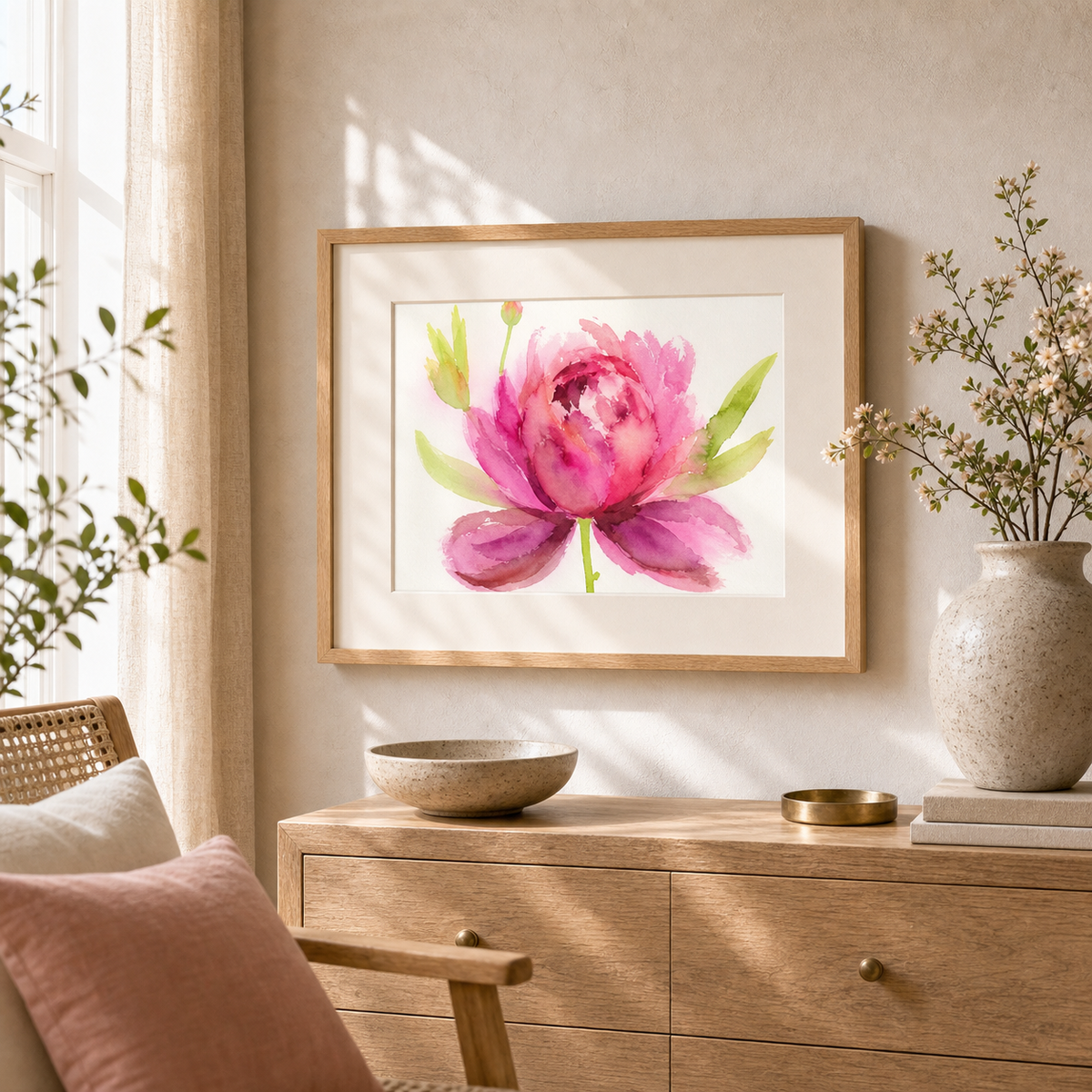 Pink Peony by Amber Miro, original watercolor of a pink peony in full bloom, framed above a wooden console by a window