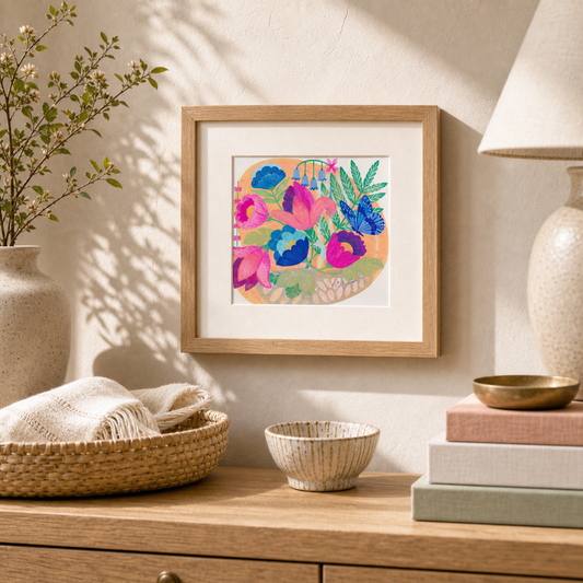 Flowers and Butterfly by Amber Miro, original painting of flowers and a butterfly, matted in oak above a console with a lamp