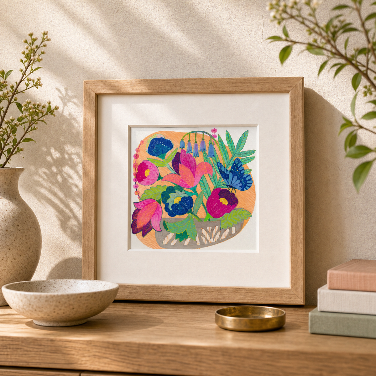Flowers and Butterfly by Amber Miro, original painting of flowers and a butterfly, leaning on a wooden console, front view