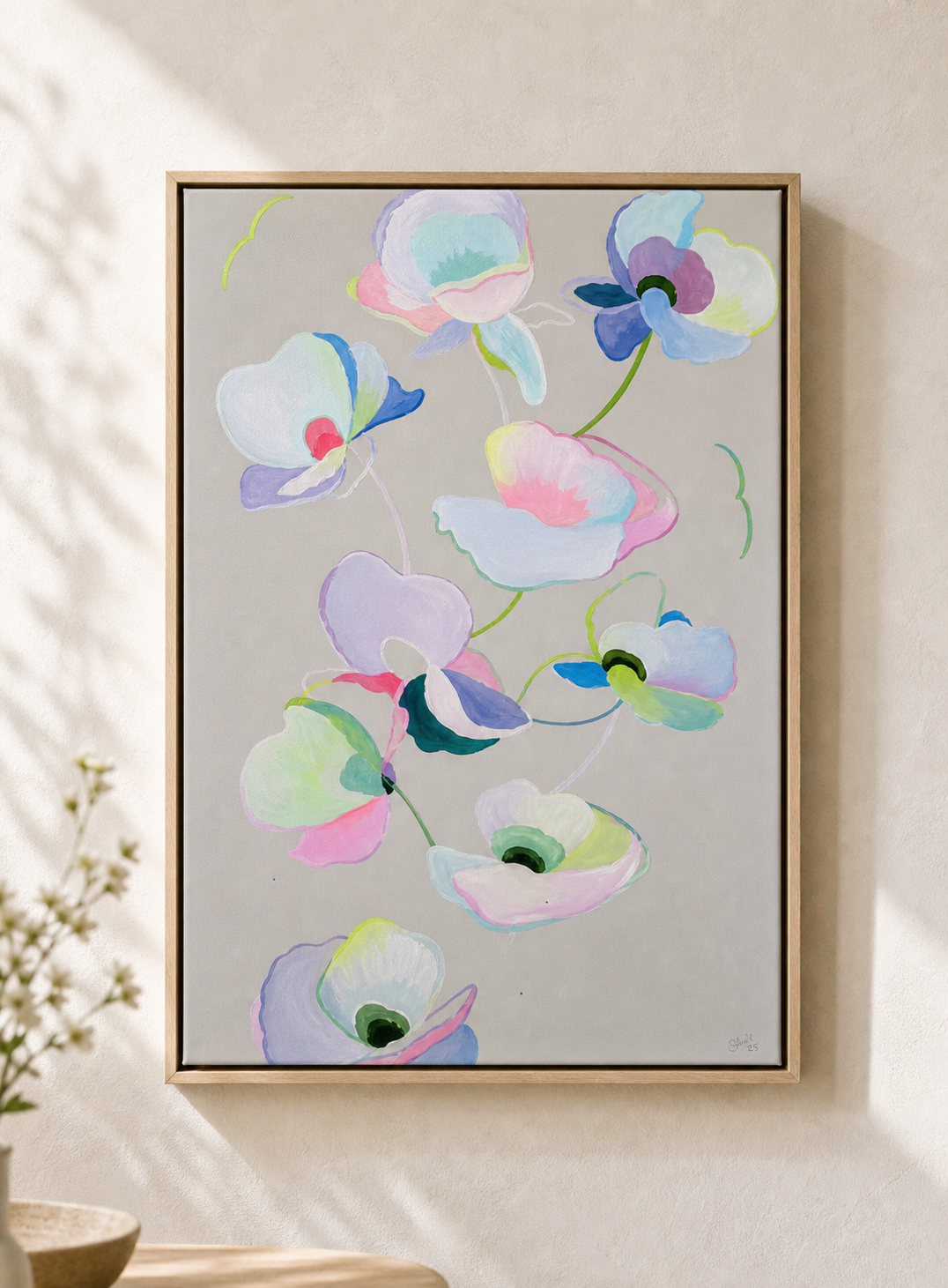 Subtle Poppy Fall by Amber Miro, original poppy painting in pale pink and grey, front view in a slim wood floater frame