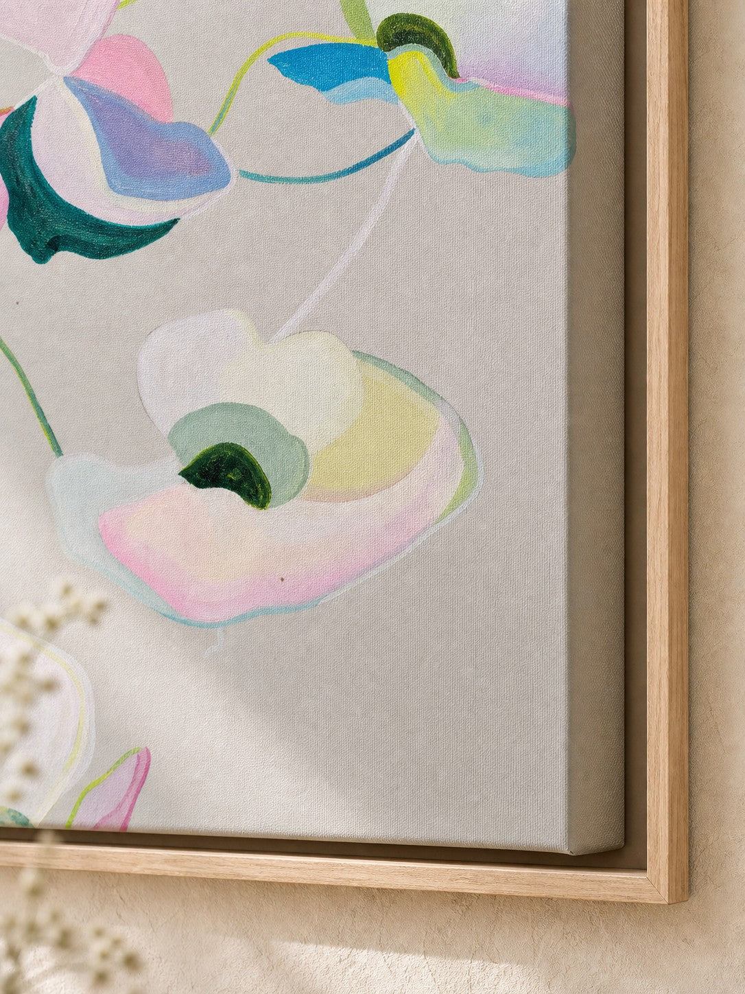 Subtle Poppy Fall by Amber Miro, original poppy painting in pale pink and grey, angled close-up of the petals and frame