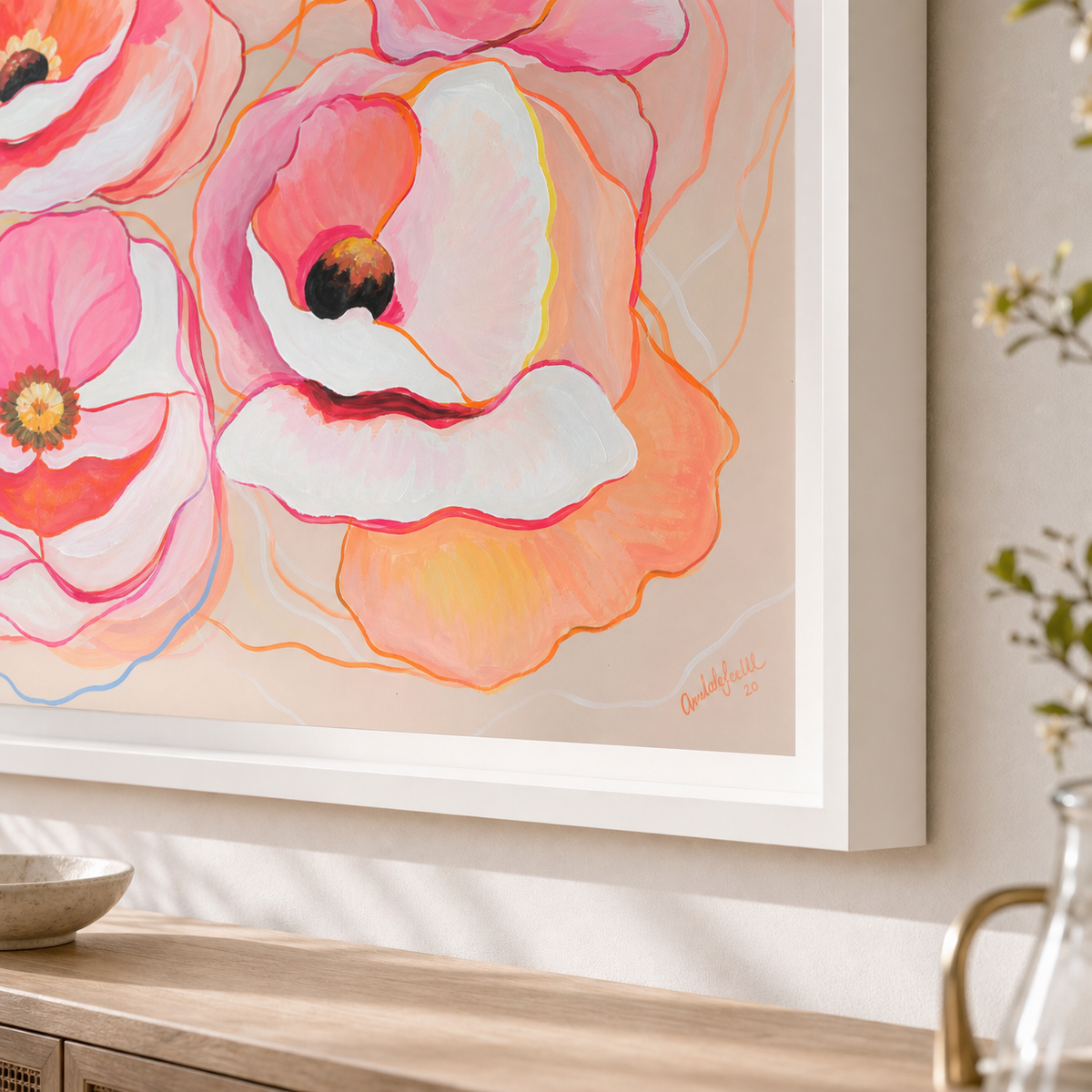 Coral Poppy Quartet by Amber Miro, original painting of four coral and pink poppies, angled close-up of the brushwork